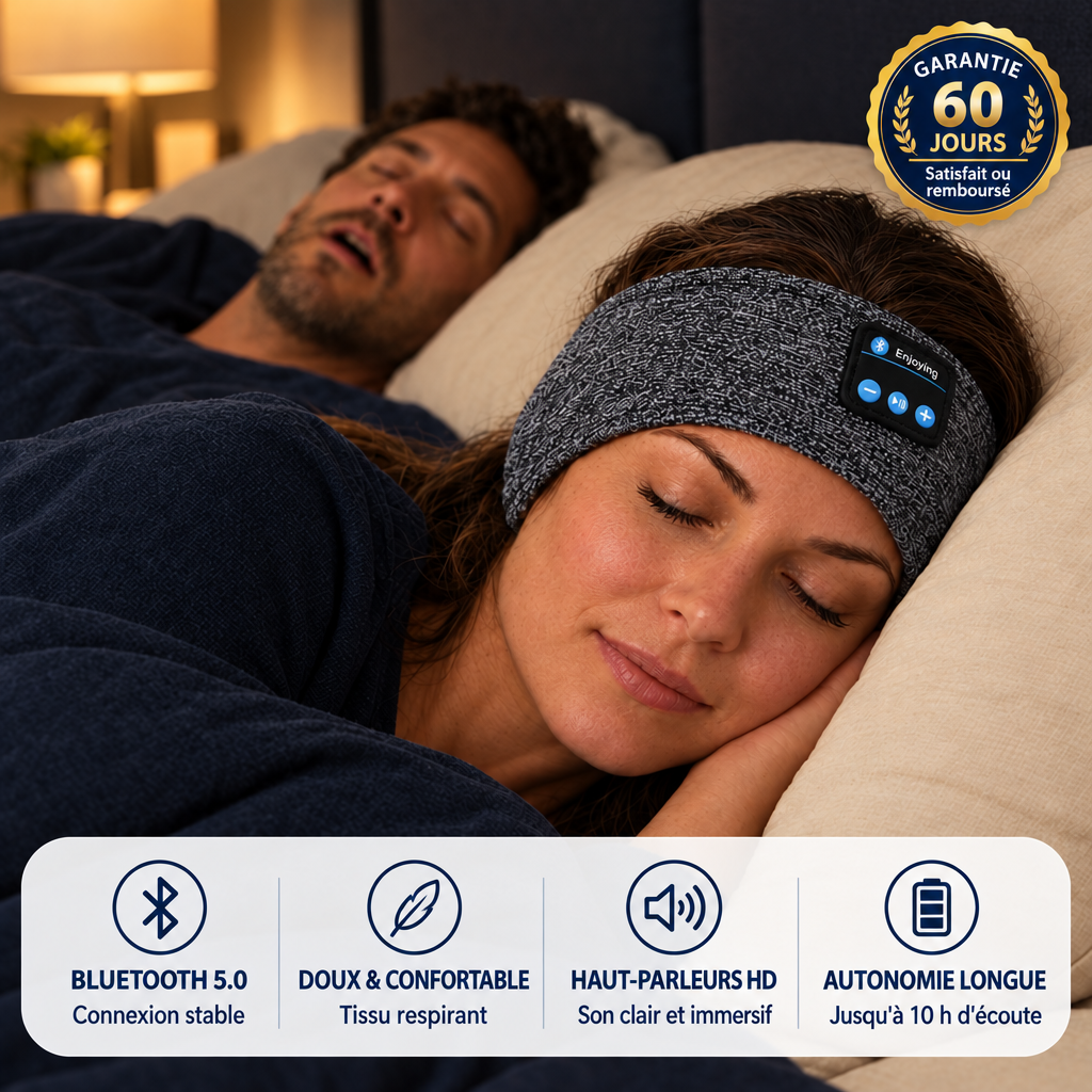 Bandeau de sommeil Bluetooth : Bluetooth 5.0, doux, haut-parleurs HD, jusqu'à 10 h d'autonomie, garantie 60 jours